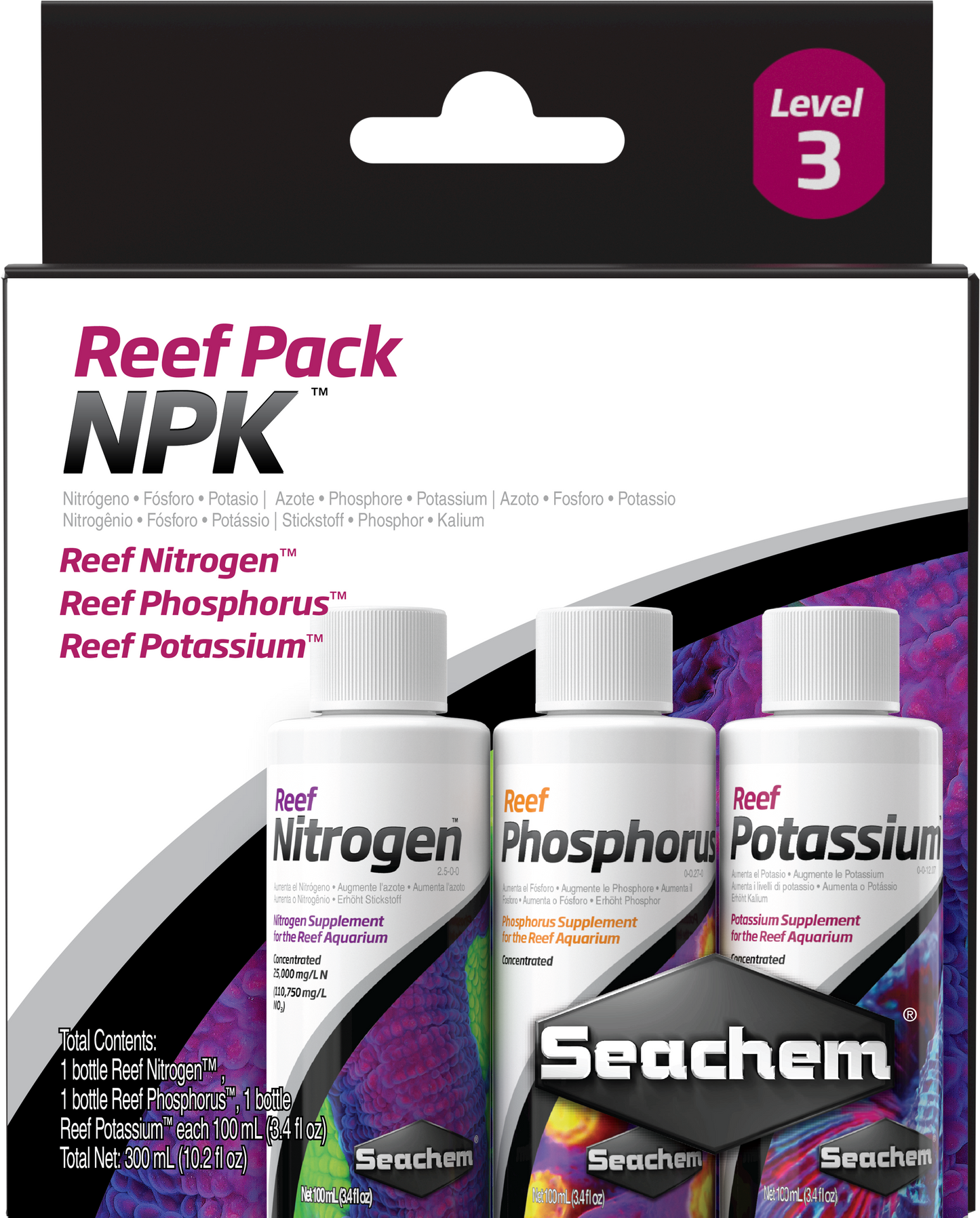 Seachem Reef Pack NPK box with Reef Nitrogen, Reef Phosphorus, and Reef Potassium 100mL bottles for saltwater reef coral supplementation