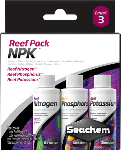 Seachem Reef Pack NPK box with Reef Nitrogen, Reef Phosphorus, and Reef Potassium 100mL bottles for saltwater reef coral supplementation