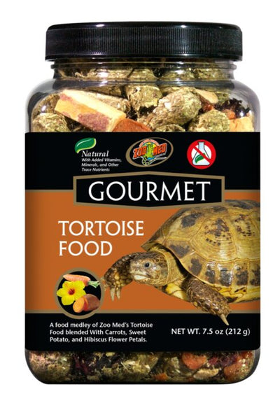 Zoo Med Gourmet Tortoise Food 7.5 oz jar, high fiber pellets with dried carrots, sweet potato, and hibiscus