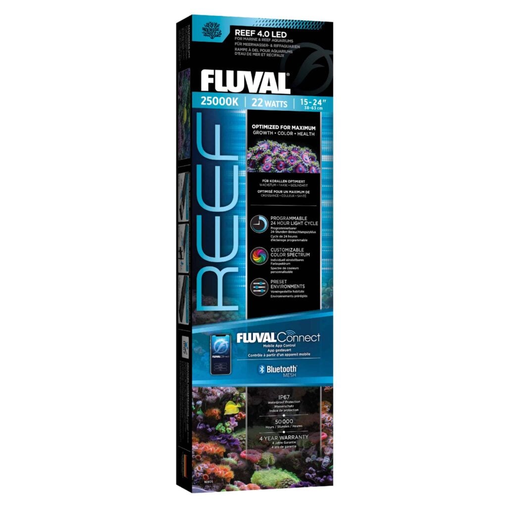 Fluval Reef 4.0 LED light box, a full-spectrum 25000K Bluetooth LED for saltwater and reef aquariums
