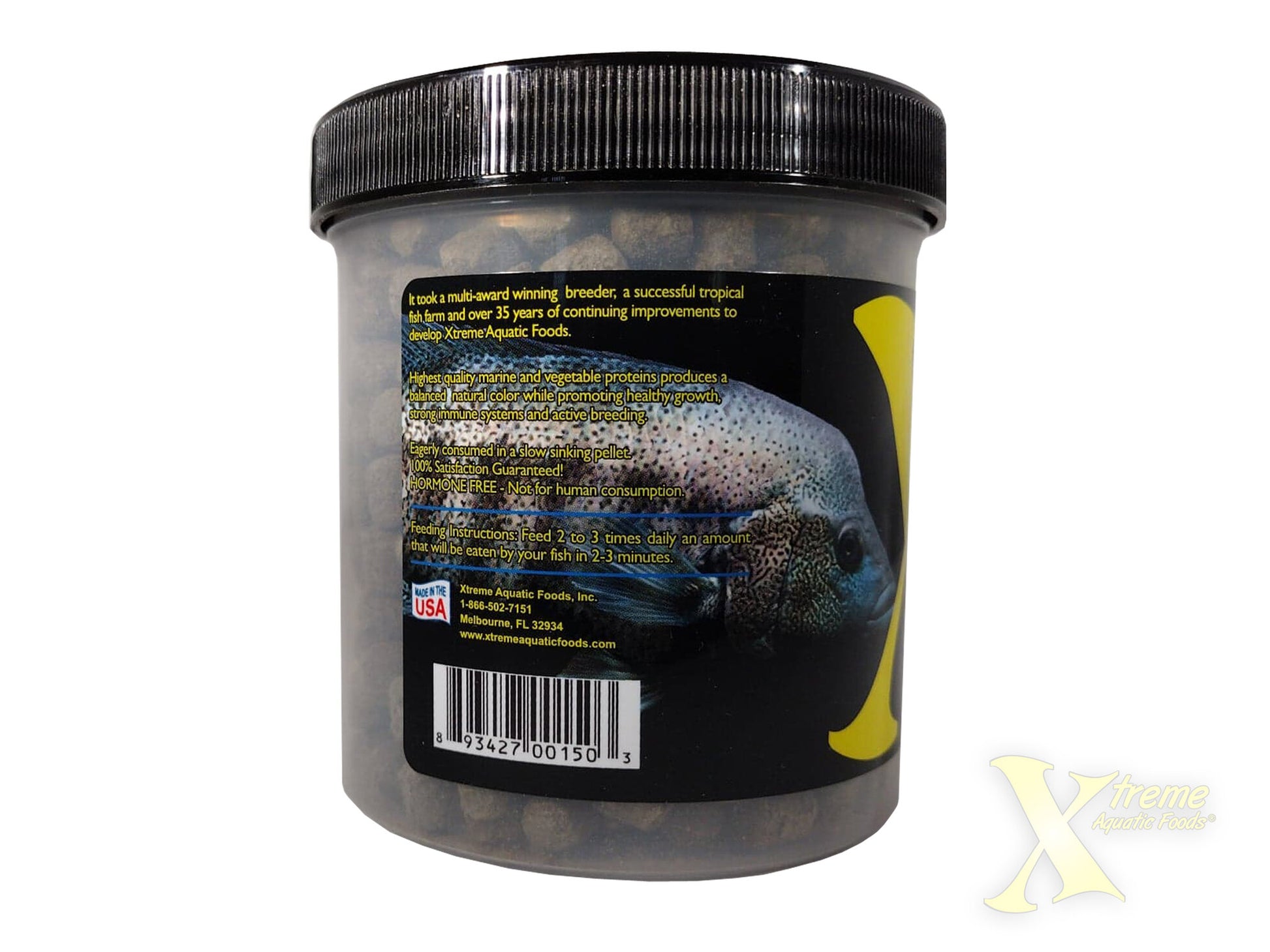 Xtreme Aquatic Foods Monster 9mm pellets jar back label with product story and feeding instructions