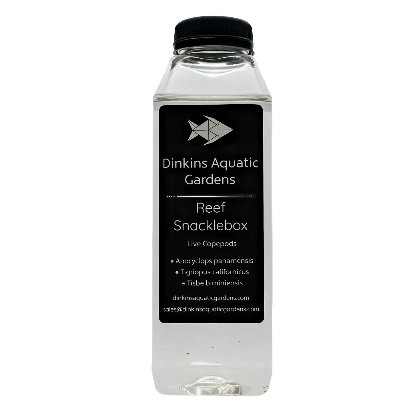 Dinkins Aquatic Gardens Reef Snacklebox live copepod bottle, front label with three species