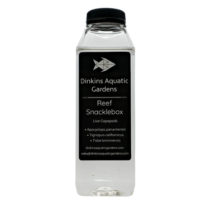 Dinkins Aquatic Gardens Reef Snacklebox live copepod bottle, front label with three species