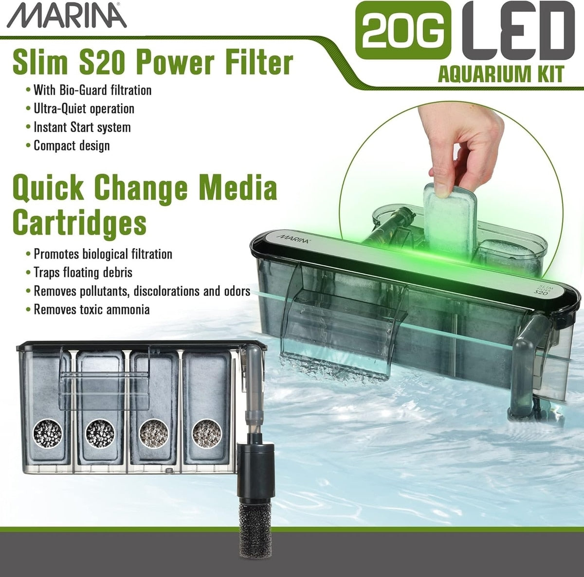 Marina Slim S20 Power Filter panel with Bio-Guard filtration and quick-change media cartridges