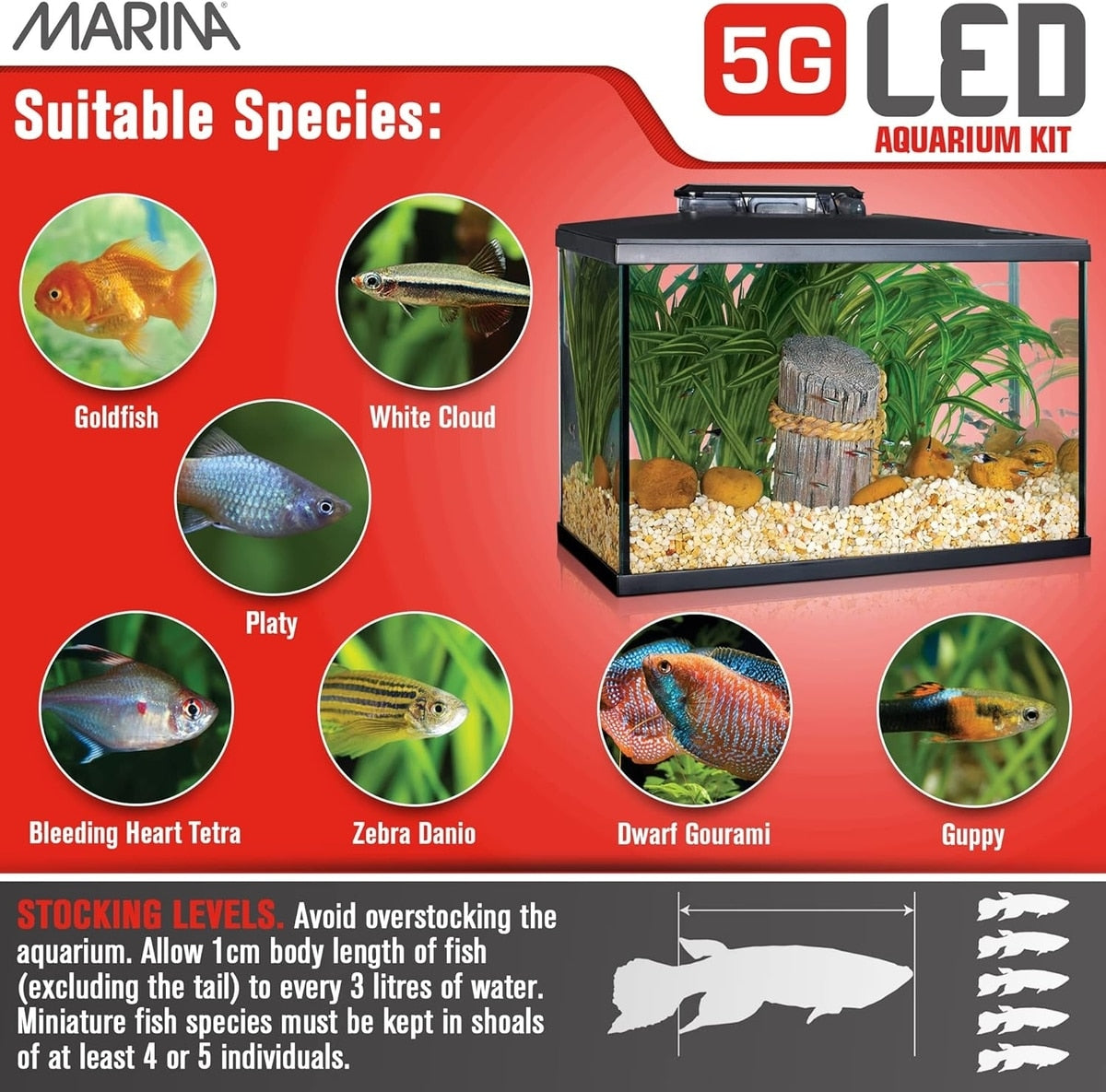 Marina 5G kit suitable species panel showing goldfish, white cloud, platy, tetra, danio, gourami, and guppy with stocking guidance