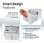 Smart design features panel showing the Kühl's slide-out filtration drawer, quick-change media pads, water-level window, and heater space