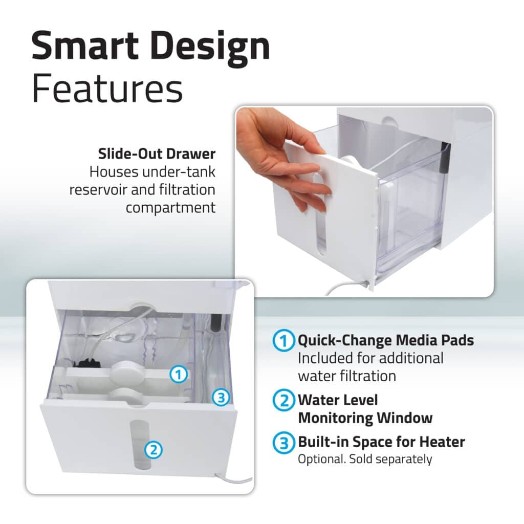 Smart design features panel showing the Kühl's slide-out filtration drawer, quick-change media pads, water-level window, and heater space