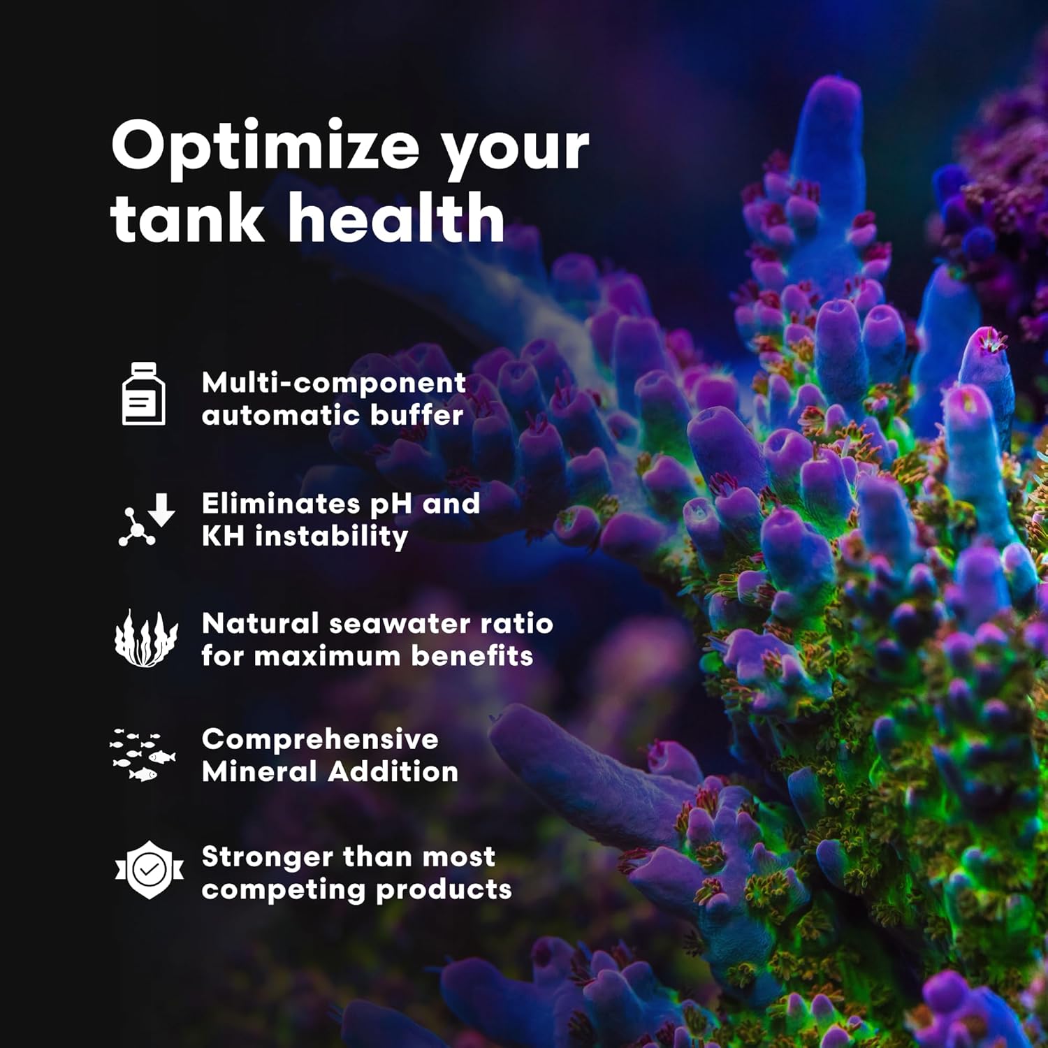 Reef Code B stabilizes pH and KH for reef tank health, shown with blue coral