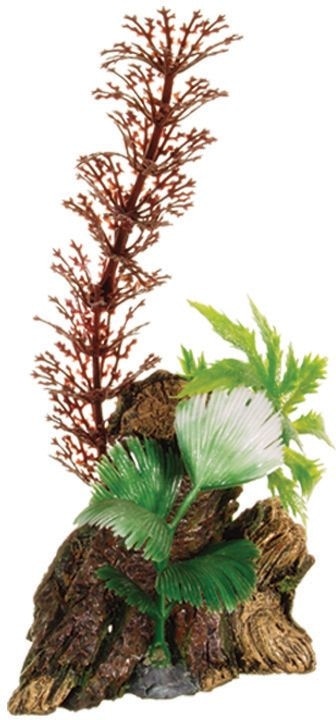Marina Decor Wood Ornament with tall red and green artificial plants on a molded driftwood base for a freshwater aquarium