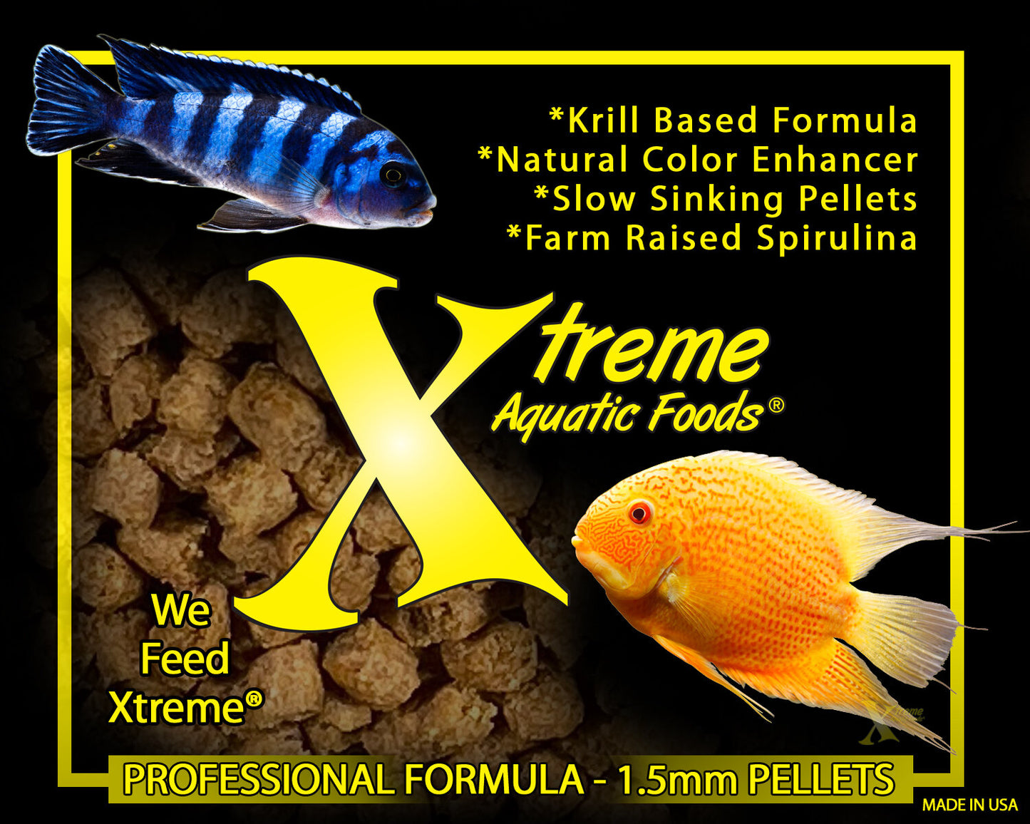 Xtreme Cichlid PeeWee krill based formula and natural color enhancer graphic, made in USA