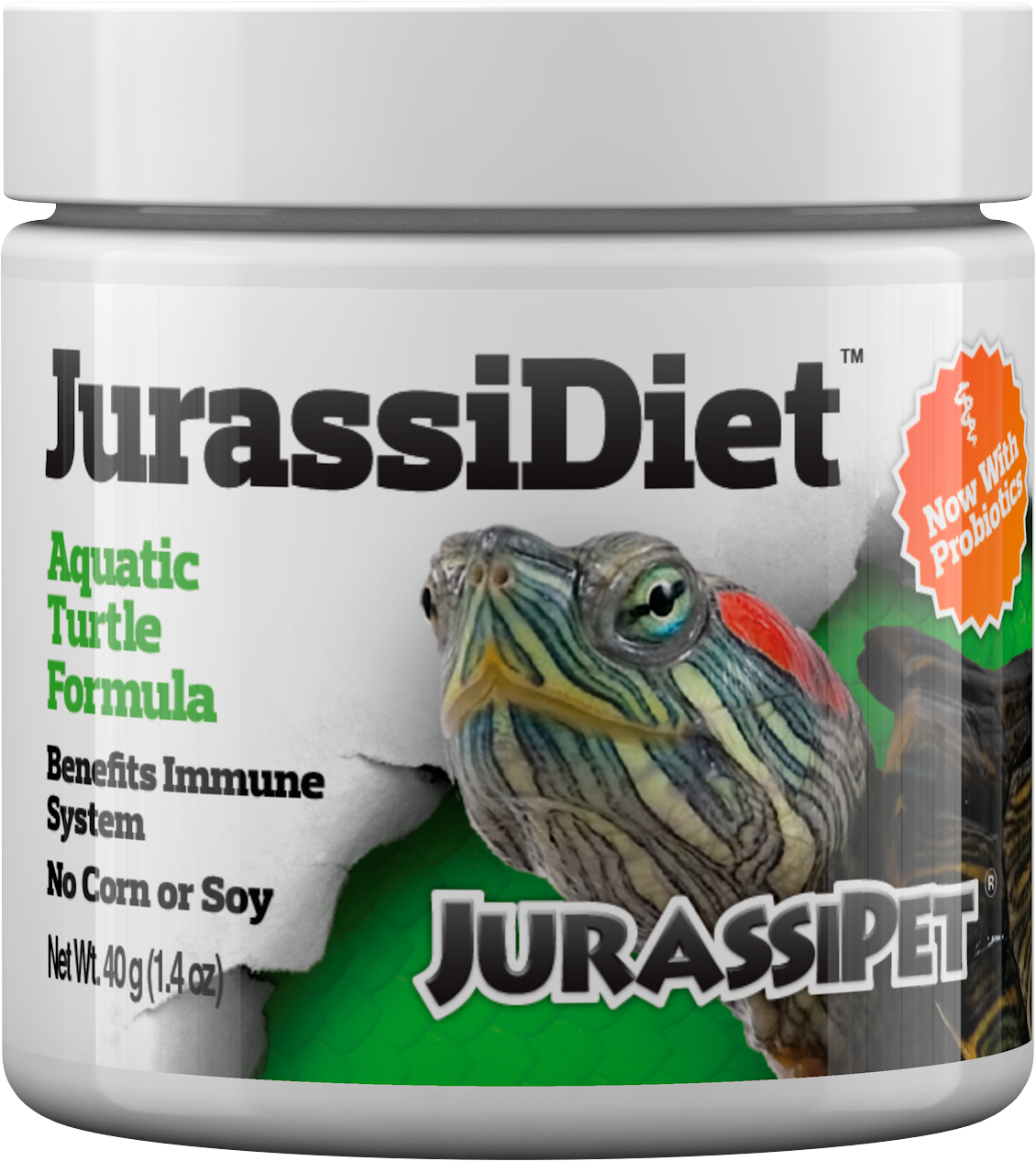 JurassiDiet Aquatic Turtle Formula with probiotics, 40 g jar, front label