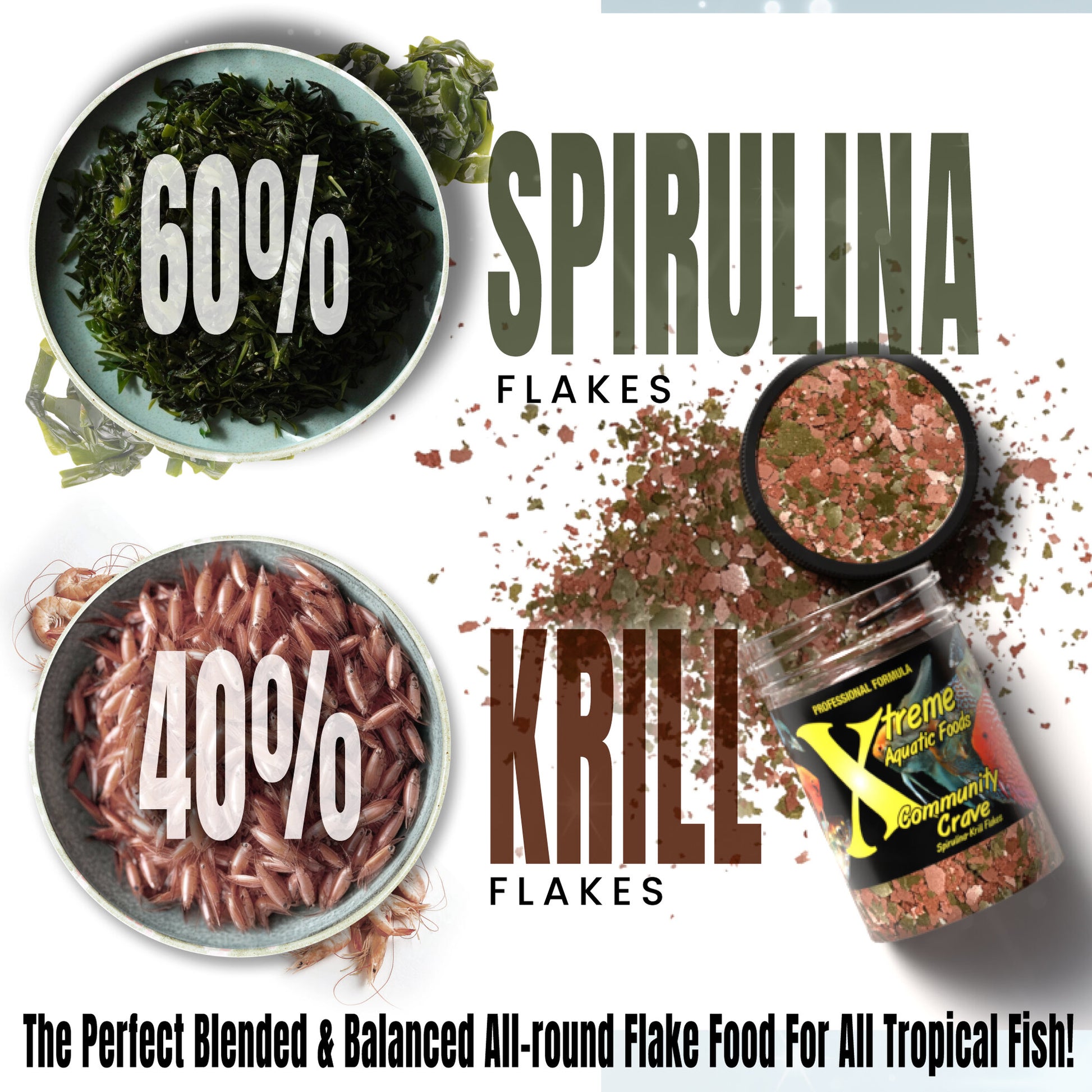 Xtreme Community Crave 60 percent spirulina and 40 percent krill flake blend for tropical fish