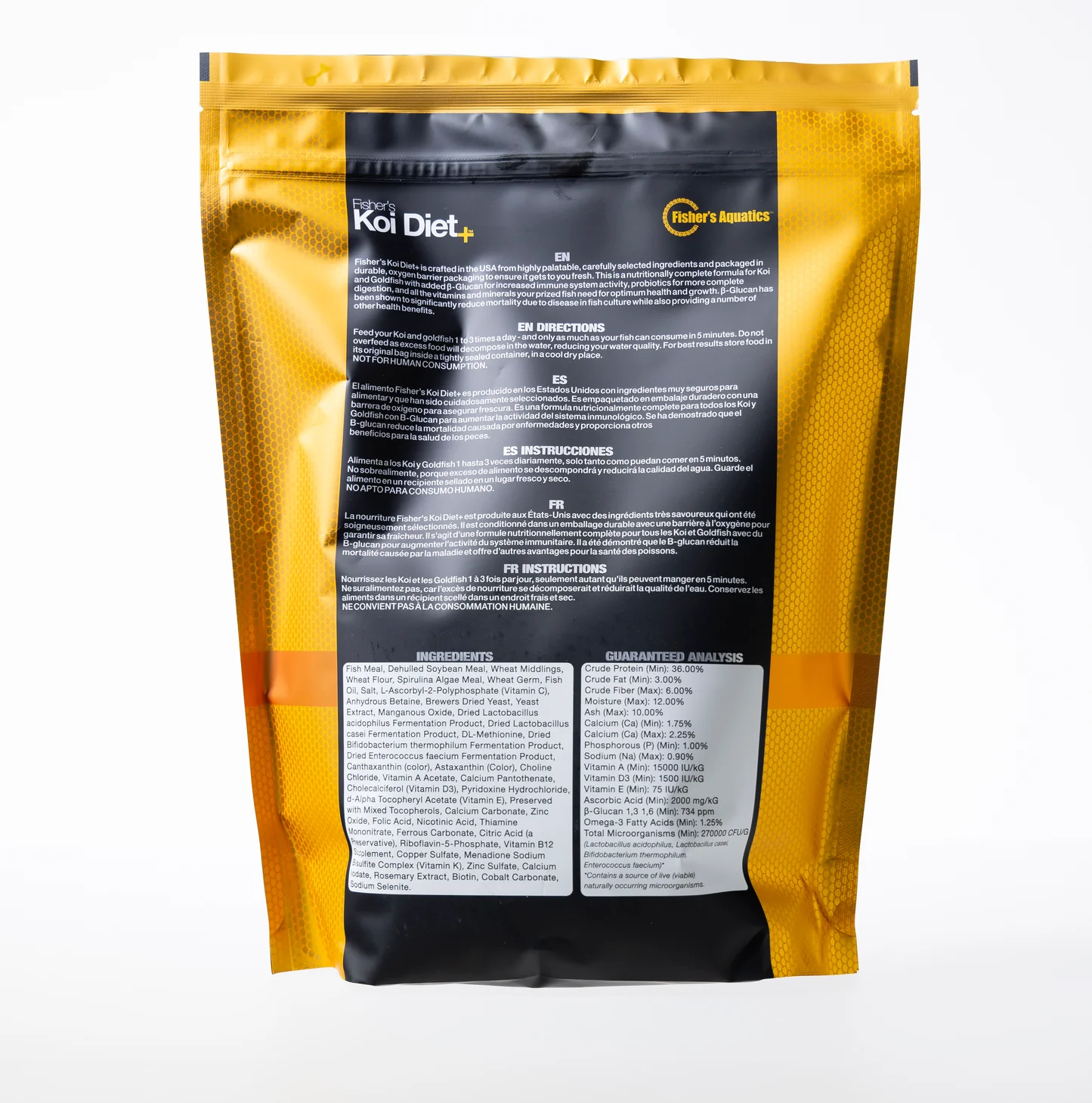 Fisher's Koi Diet+ pouch back with ingredient list and guaranteed analysis panel