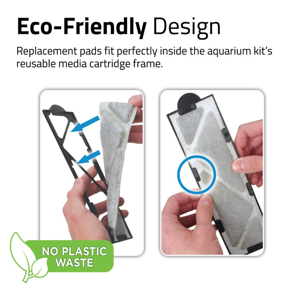 Fluval Flex 2.0 Poly-Carb replacement pads fit inside the reusable cartridge frame, no plastic waste