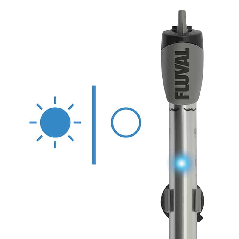 Fluval M Series feature graphic, mirror-glass heater with a blue LED indicator that shows when it is heating or at temperature