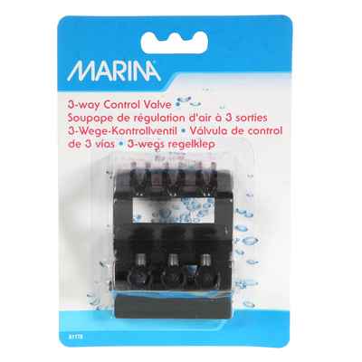 Marina 3-Way Air Control Valve A1179 in blister packaging, black gang valve with three adjustable outlets