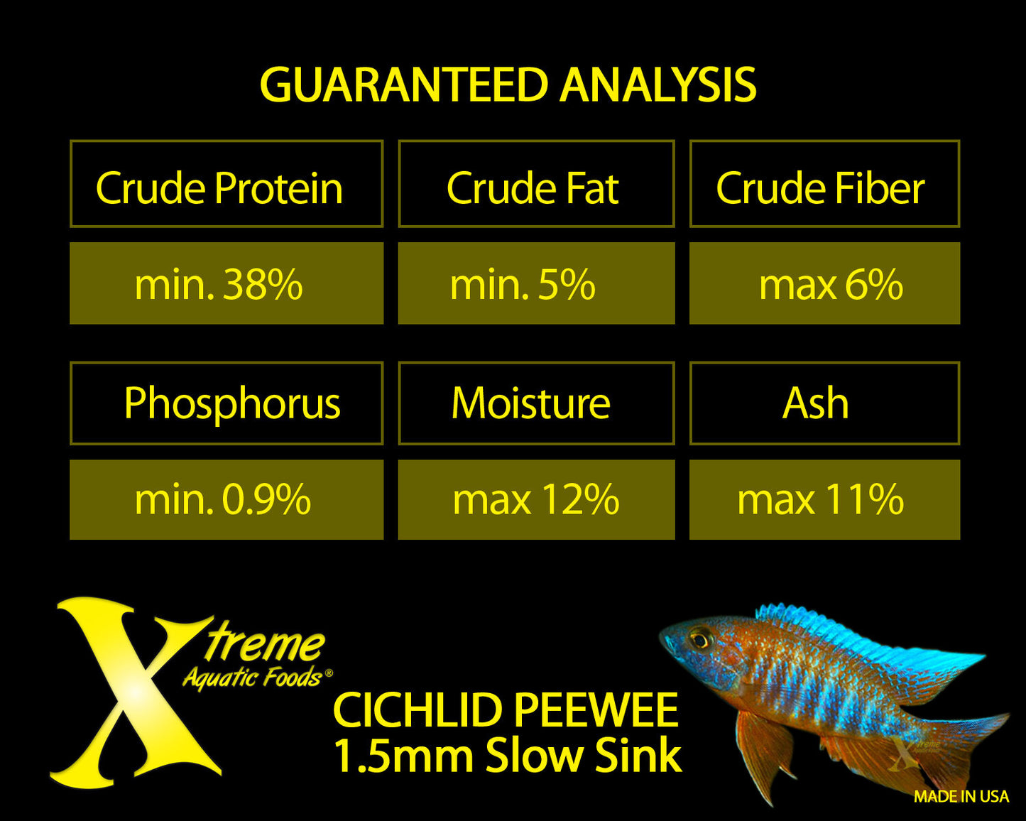 Xtreme Cichlid PeeWee guaranteed analysis chart with protein, fat, fiber, moisture and ash percentages