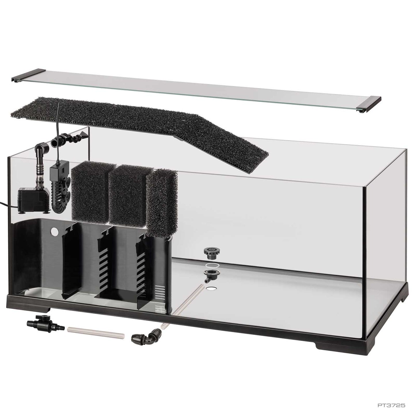 Exo Terra Turtle Haven cutaway showing the built-in multistage filter, foam media, basking platform, and drain