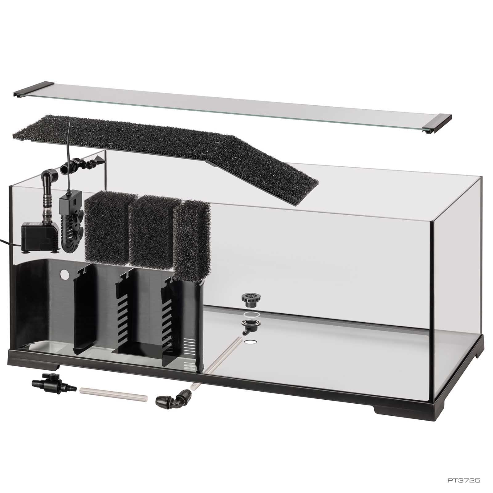 Exo Terra Turtle Haven cutaway showing the built-in multistage filter, foam media, basking platform, and drain