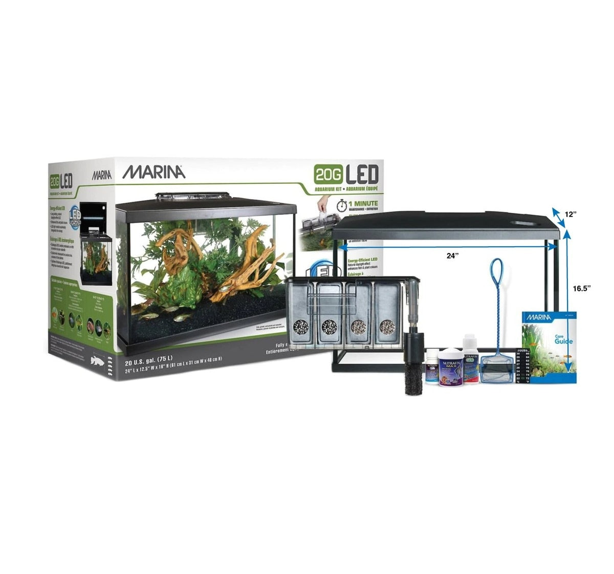 Marina 20G LED kit with retail box and full contents: glass tank, LED hood, Slim filter, water-care samples, and net