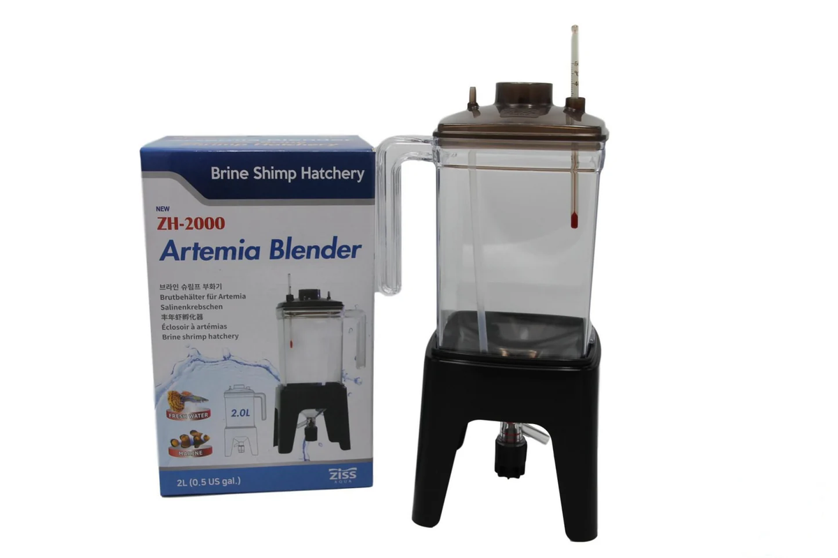 Ziss ZH-2000 Artemia Blender 2 L brine shrimp hatchery with handle and stand, beside its box
