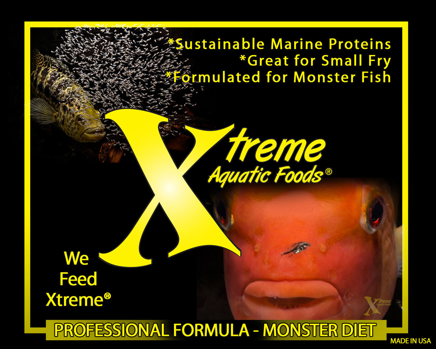 Xtreme Aquatic Foods Monster diet graphic highlighting sustainable marine proteins for large fish
