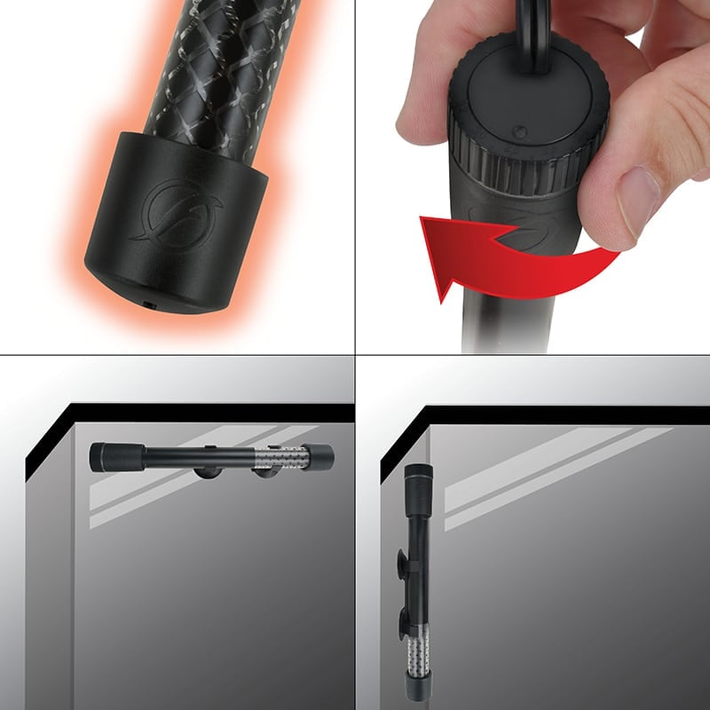 Fluval T Series feature panel showing heat output, adjusting the top dial by hand, and horizontal or vertical mounting on the aquarium wall