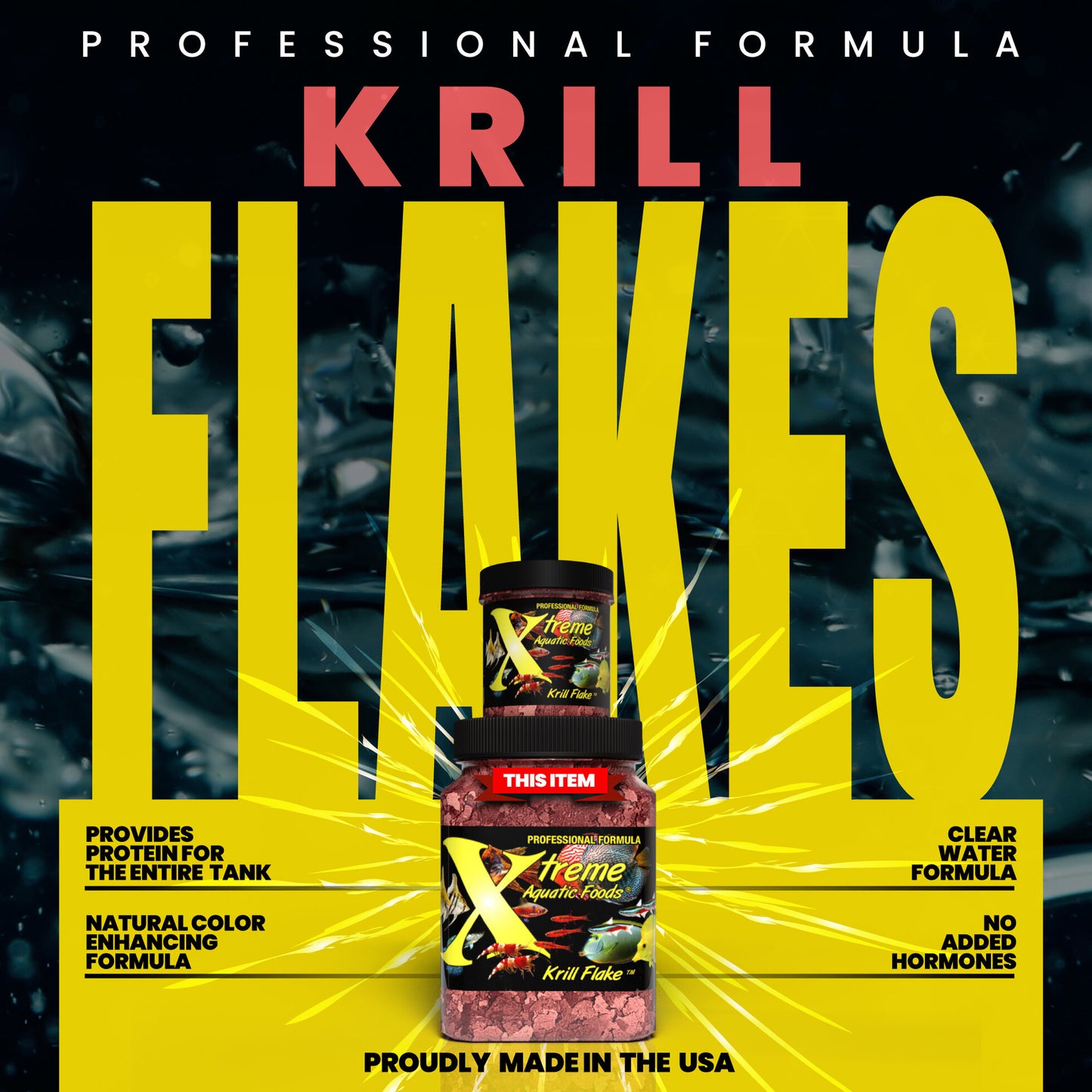 Xtreme Aquatic Foods Krill Flakes color enhancing formula graphic, proudly made in USA