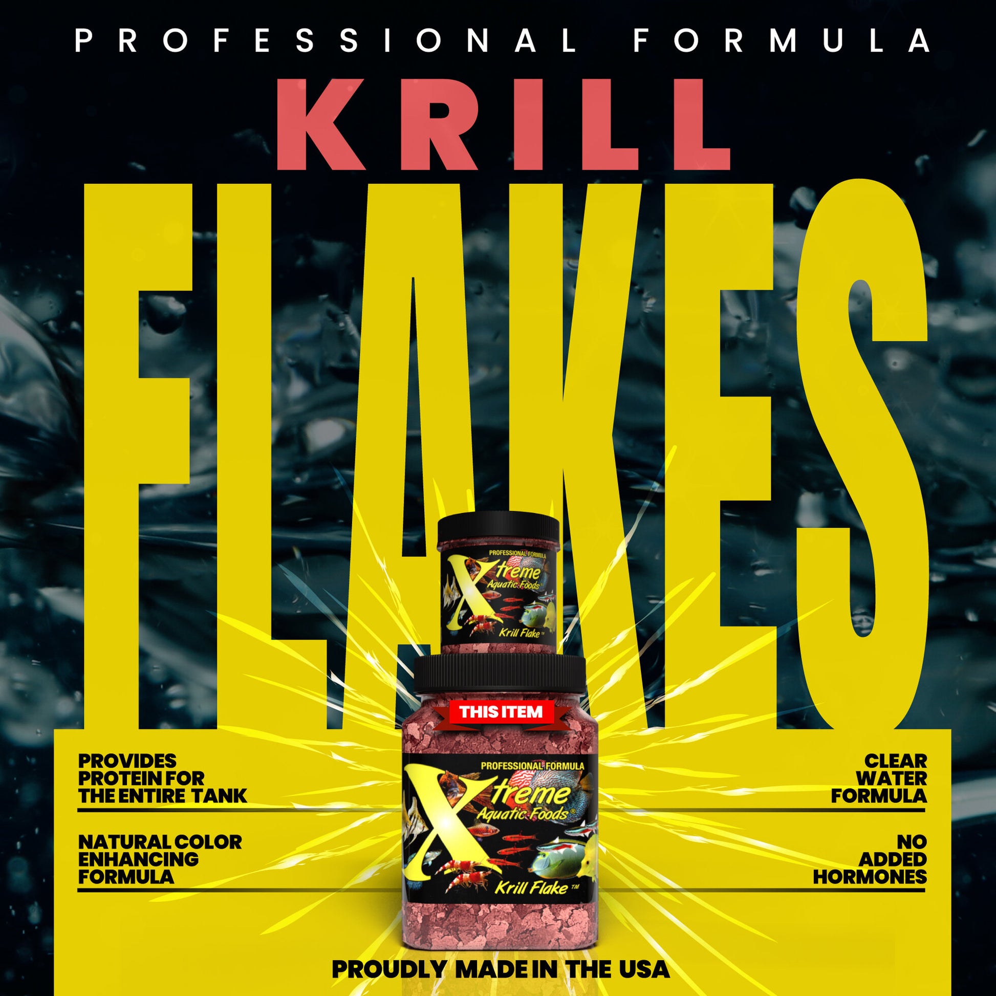 Xtreme Aquatic Foods Krill Flakes color enhancing formula graphic, proudly made in USA