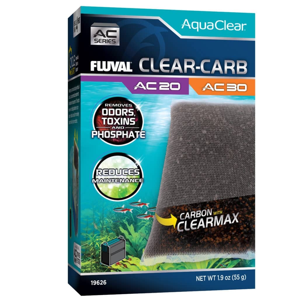 Fluval AquaClear Clear-Carb AC20/30 filter insert box, activated carbon and ClearMax media that removes odors, toxins, and phosphate in fresh and saltwater aquariums