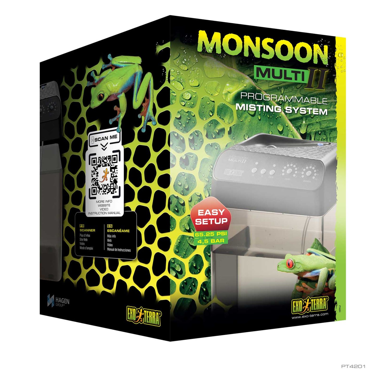 Exo Terra Monsoon Multi II Programmable Misting System retail box with tree frog graphics