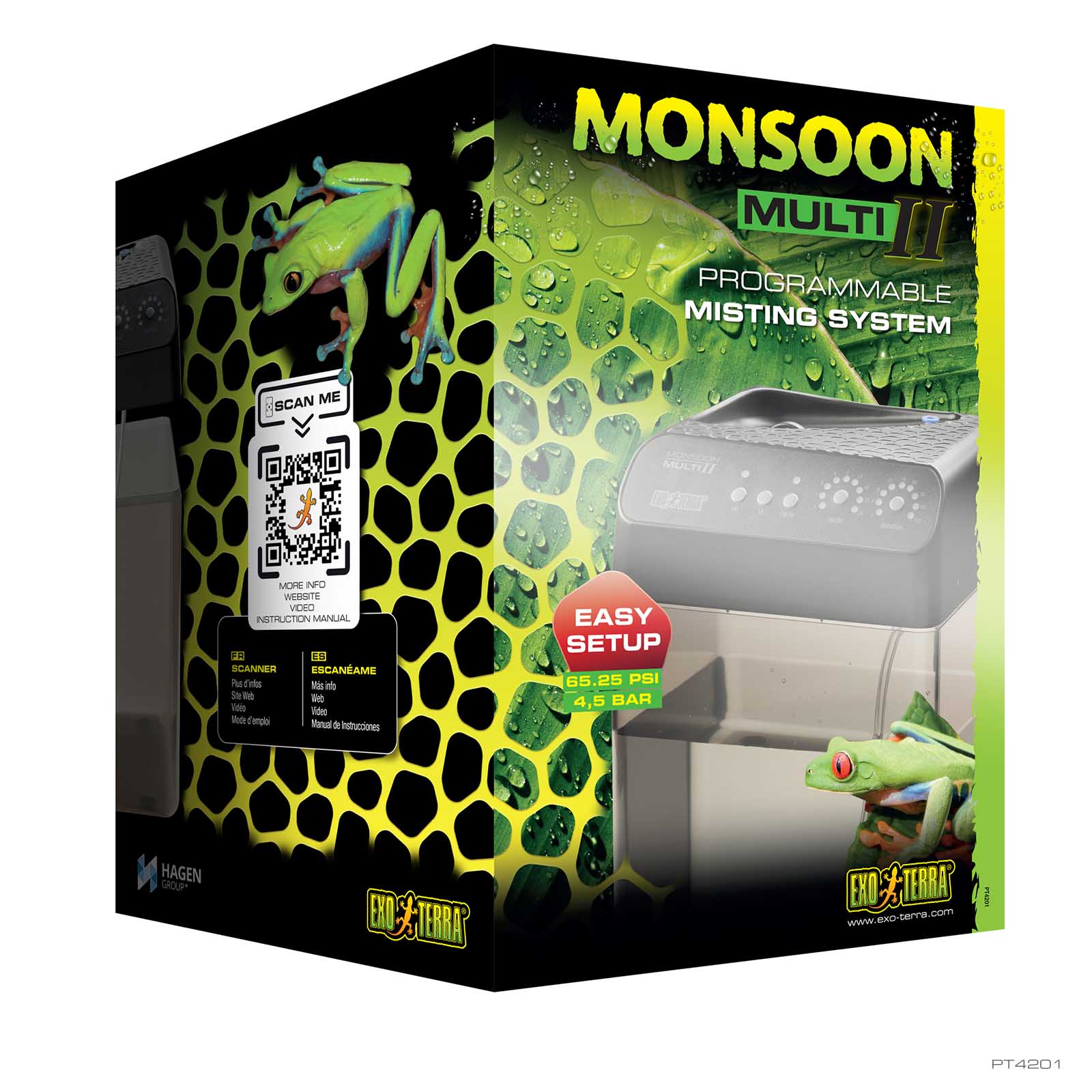 Exo Terra Monsoon Multi II Programmable Misting System retail box with tree frog graphics