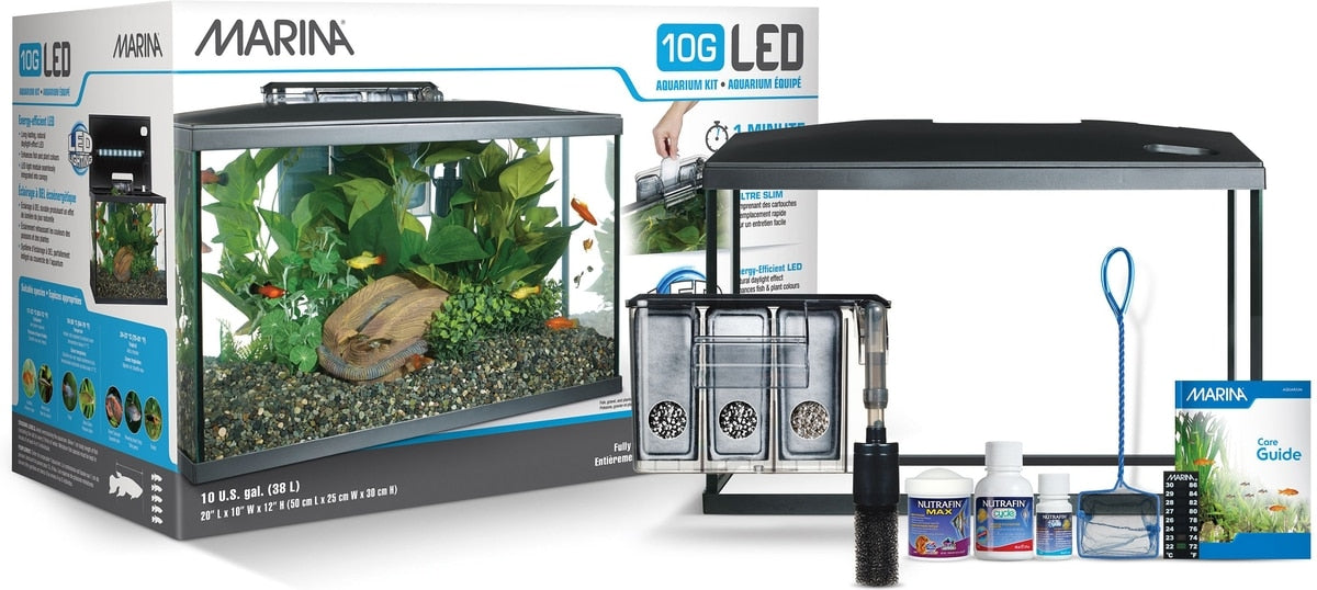 Marina 10G LED kit contents including glass tank, LED hood, Slim power filter, water-care samples, net, and care guide