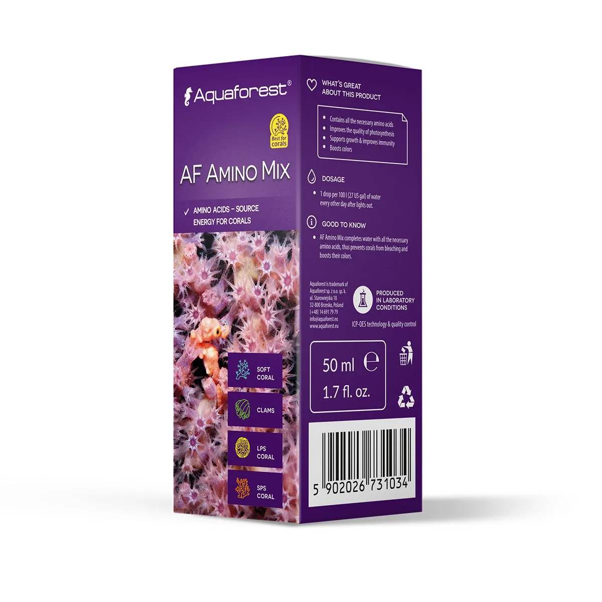 Aquaforest AF Amino Mix amino acid supplement box, 50 mL, for SPS, LPS, and soft corals