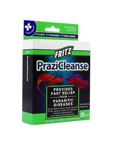 Fritz PraziCleanse 20-pack box - bulk praziquantel powder packets for treating flukes, tapeworms, and parasitic worms in freshwater and saltwater aquariums