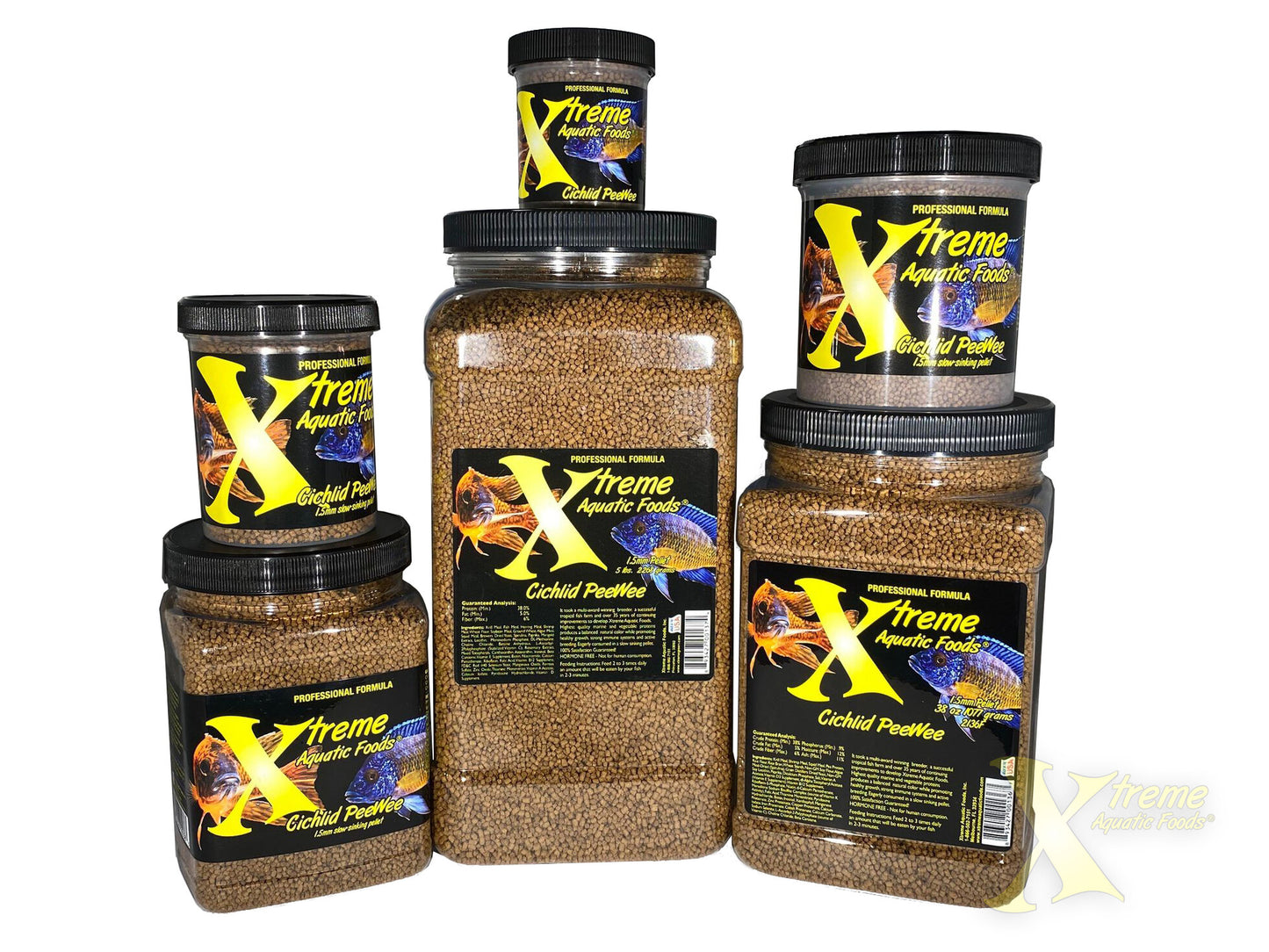 Xtreme Cichlid PeeWee pellets shown in multiple jar sizes