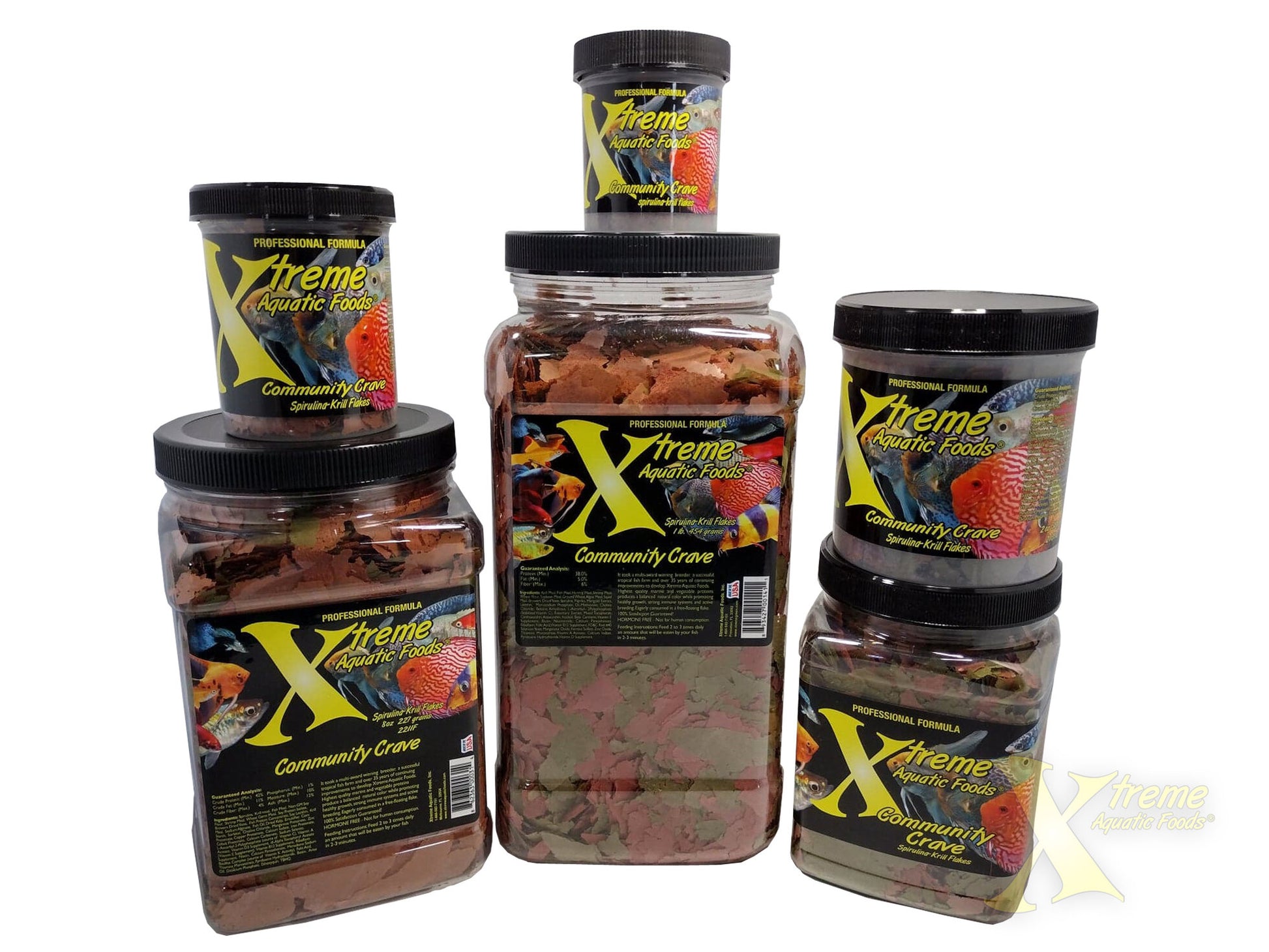 Xtreme Community Crave Spirulina-Krill Flakes shown in multiple jar sizes