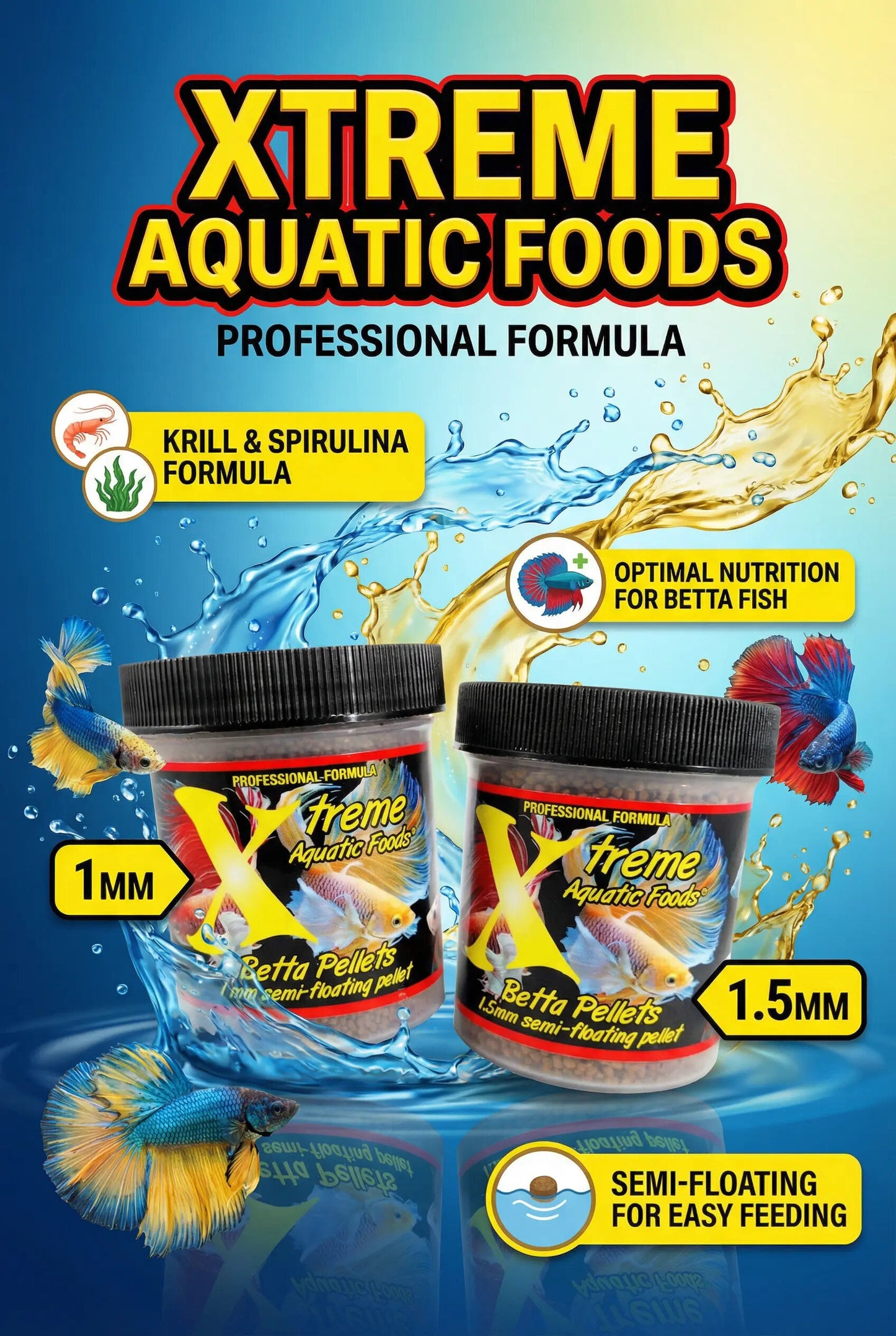 Xtreme Betta Pellets krill and spirulina floating betta fish food in 1mm and 1.5mm jars