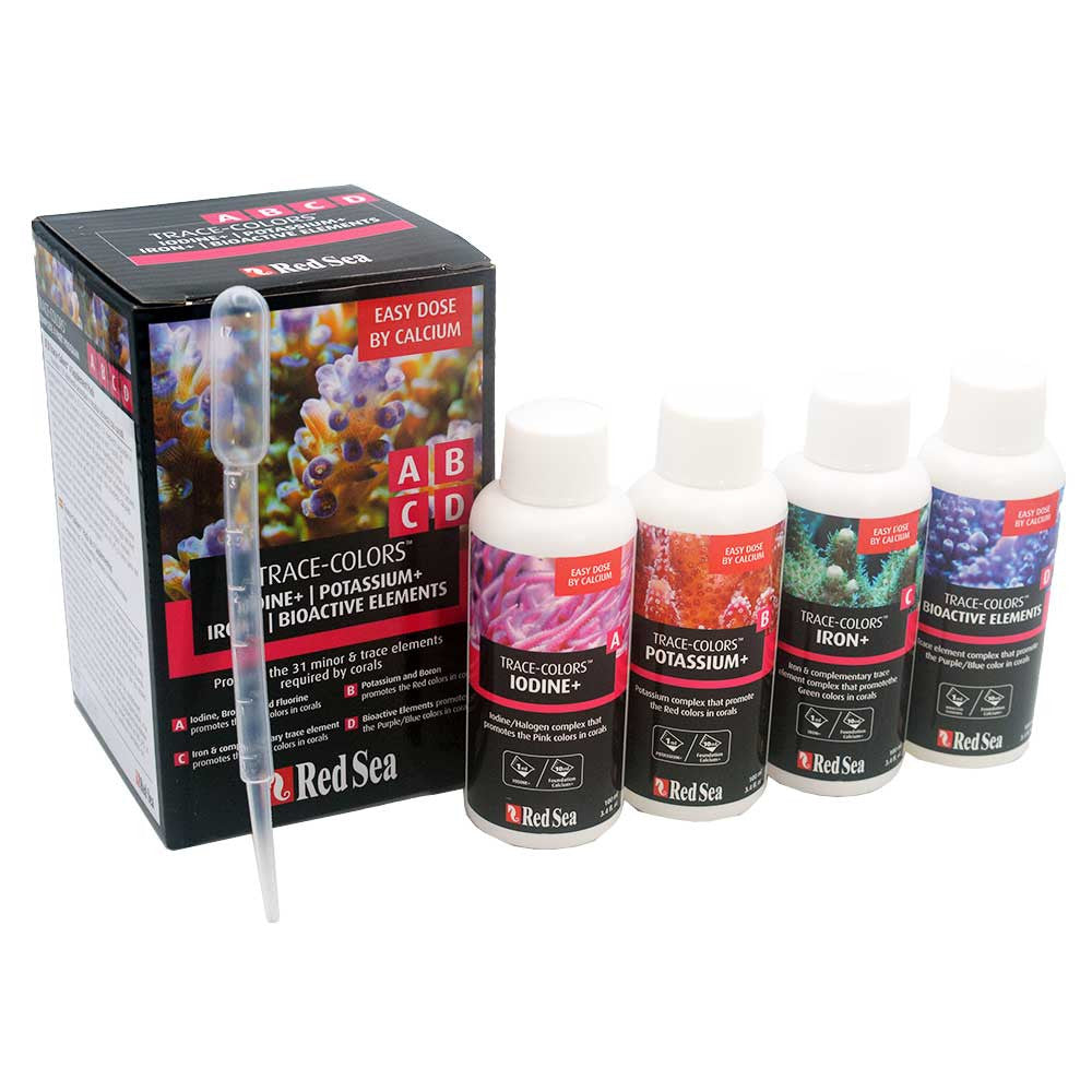 Red Sea Trace Colors A/B/C/D Pack - four-bottle trace element supplement set for stony coral skeleton and pigment
