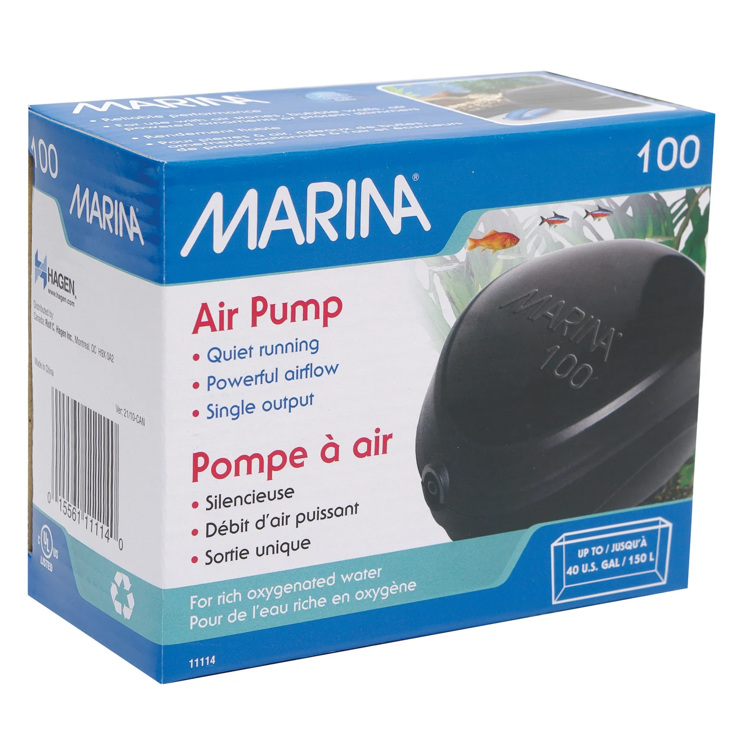 Marina Air Pump 100 box, single-output aquarium air pump for tanks up to 40 gallons, freshwater or saltwater