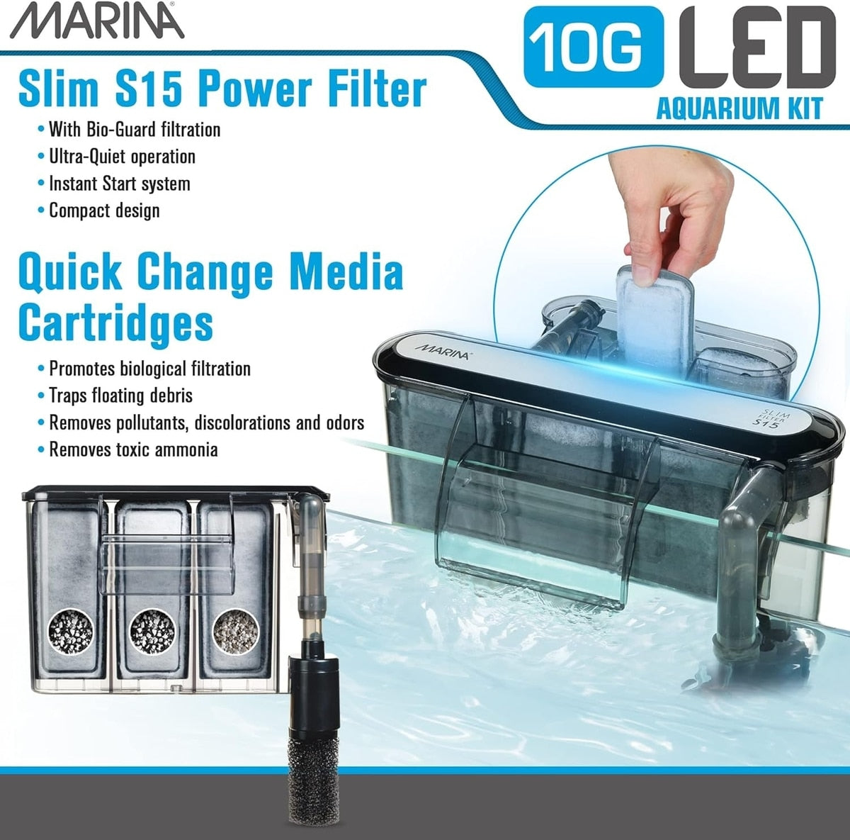 Marina Slim S15 Power Filter panel with Bio-Guard filtration and quick-change media cartridges
