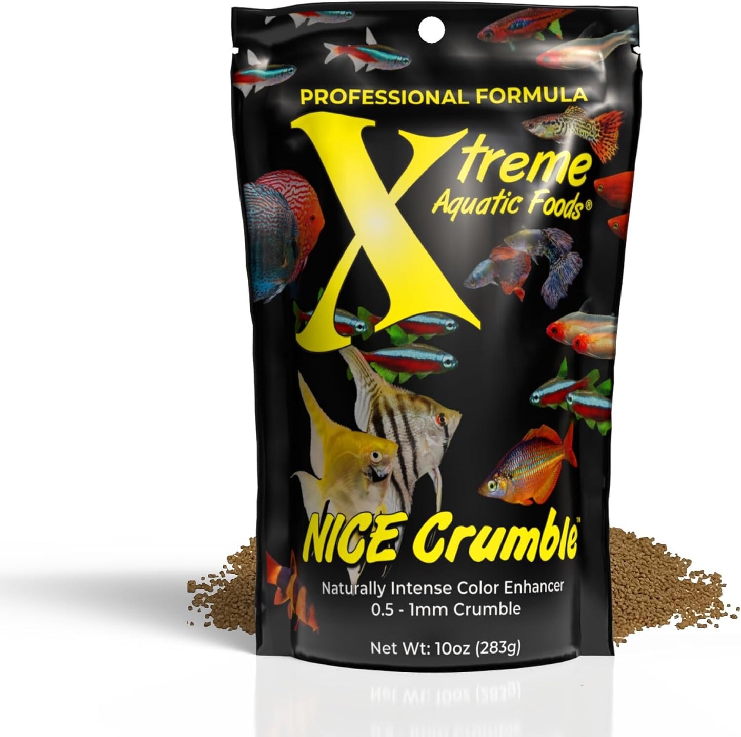 Xtreme NICE Crumbles pouch front with freshwater tropical fish, 0.5 to 1mm slow-sinking crumble