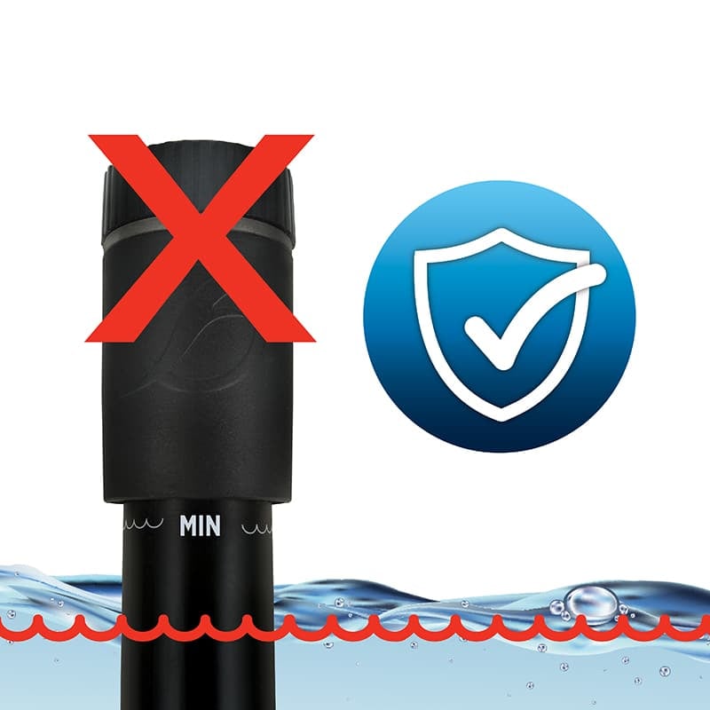Fluval T Series safety graphic, keep the heater submerged above the minimum water line, with a safety shut-off shield