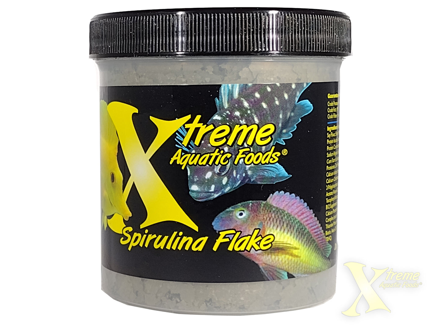 Xtreme Spirulina Flake jar with black label and colorful fish artwork