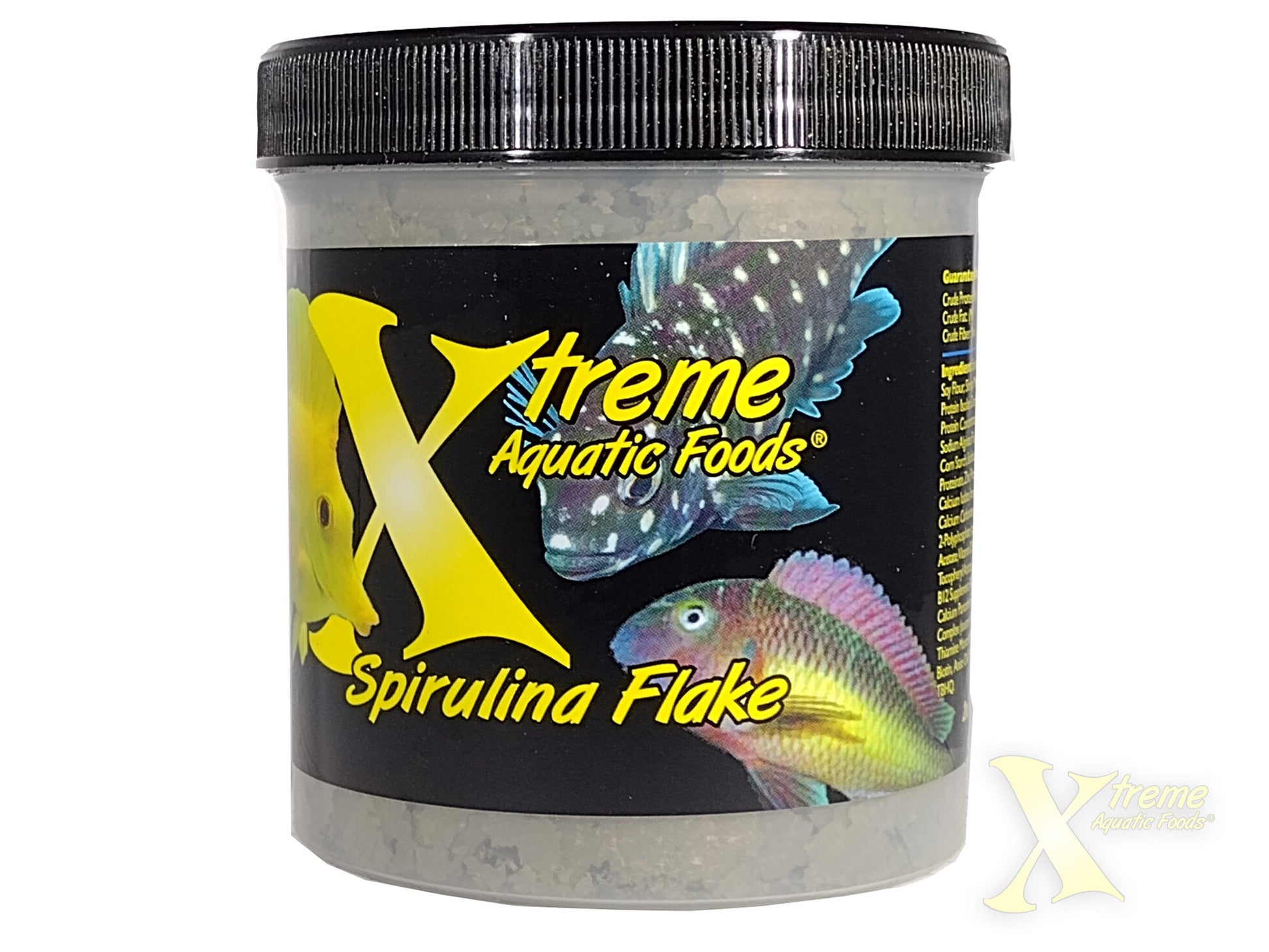 Xtreme Spirulina Flake jar with black label and colorful fish artwork