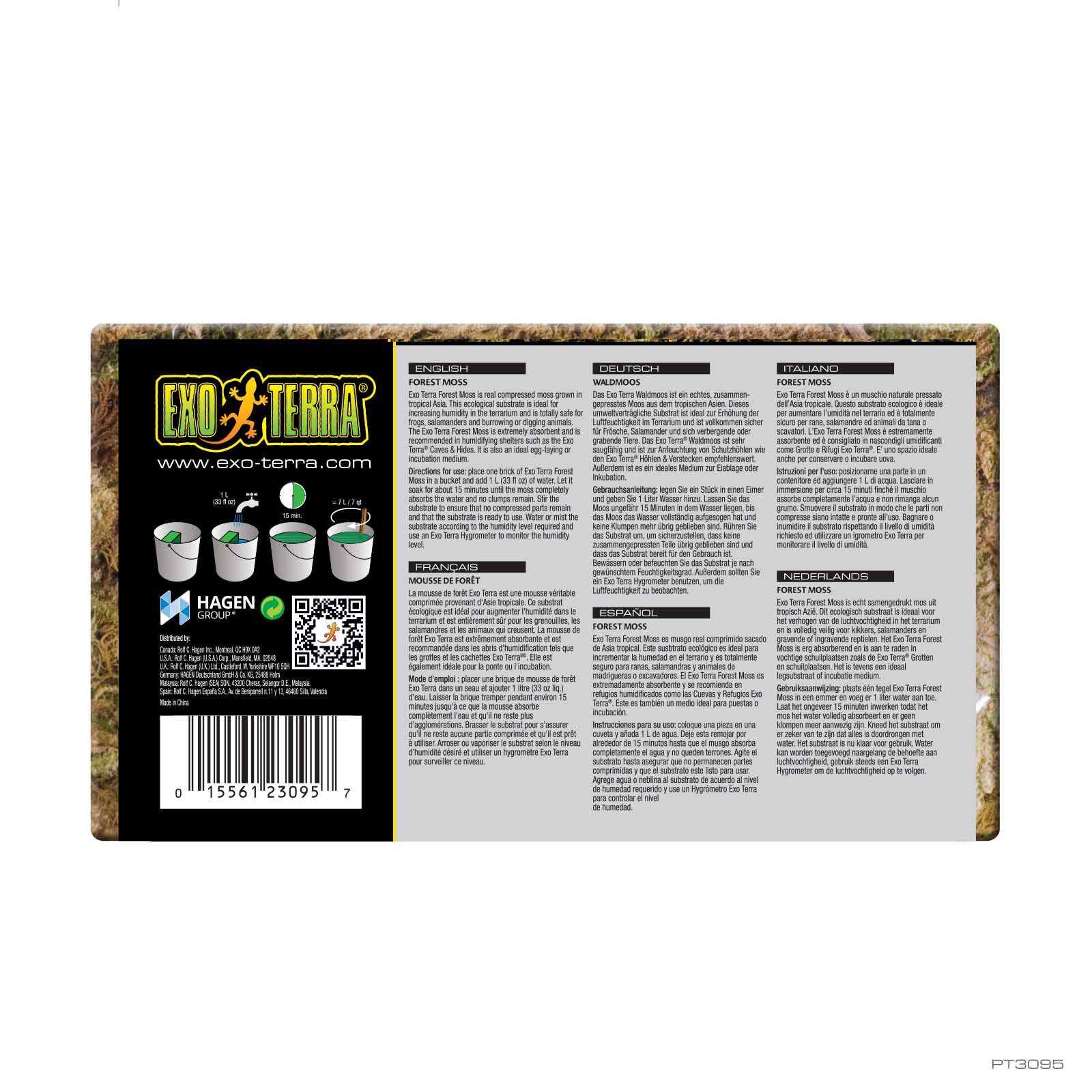 Exo Terra Forest Plume Moss packaging back with multilingual usage instructions and product details