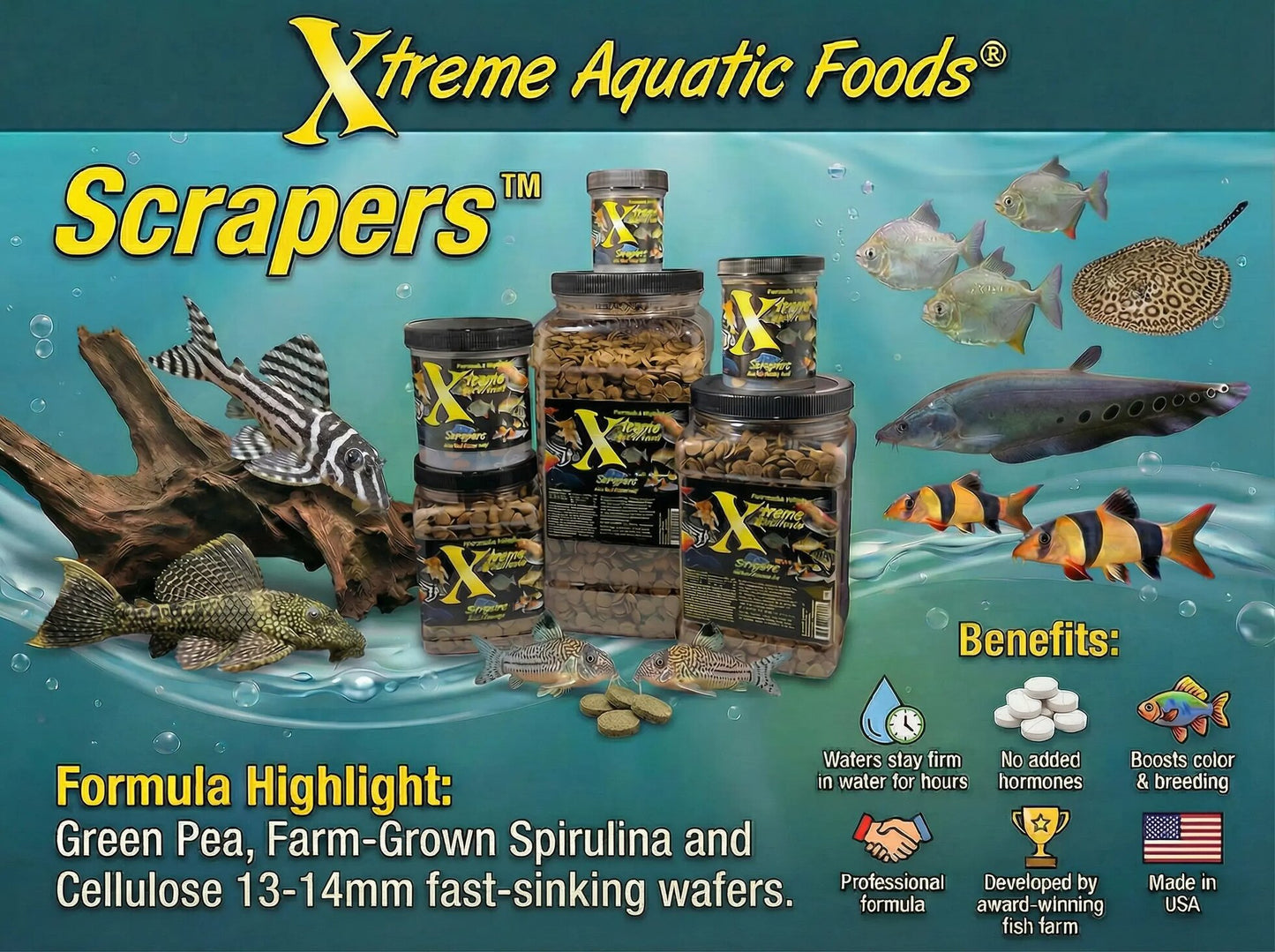 Xtreme Scrapers 14mm sinking wafers, algae and plant-protein food for plecos, catfish, and bottom feeders