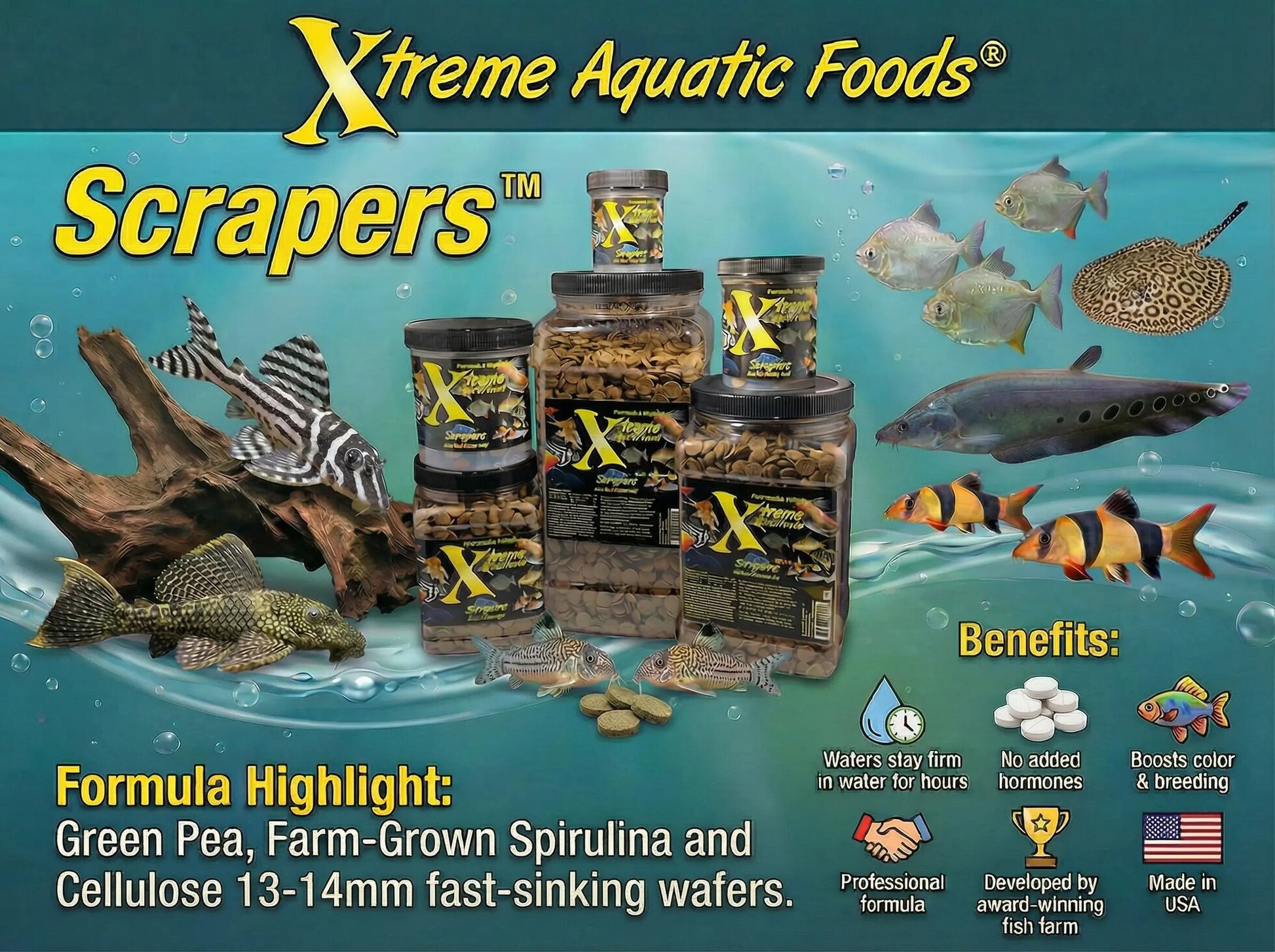 Xtreme Scrapers 14mm sinking wafers, algae and plant-protein food for plecos, catfish, and bottom feeders