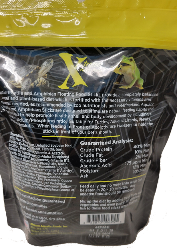 Xtreme Aquatic Reptile and Amphibian Sticks pouch back label with ingredients and guaranteed analysis