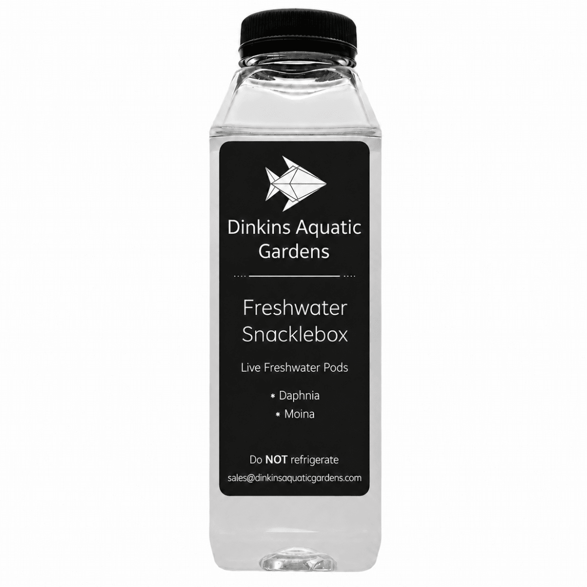 Dinkins Aquatic Gardens Freshwater Snacklebox label listing live daphnia and moina freshwater pods